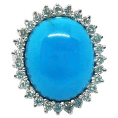White Gold Vintage Oval Turquoise and Diamond Cocktail Ring