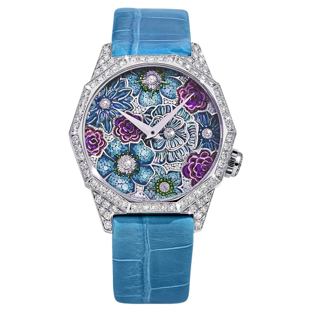 White Gold Watch with White Diamonds and Micromosaic