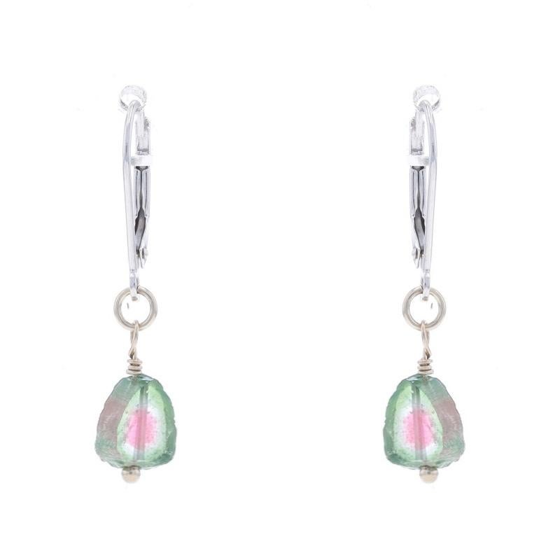 Metal Content: 14k White Gold

Stone Information
Natural Watermelon Tourmalines
Cut: Slice
Color: Pink & Green

Style: Dangle
Fastening Type: Leverback Closures

Measurements
Tall: 1 3/16