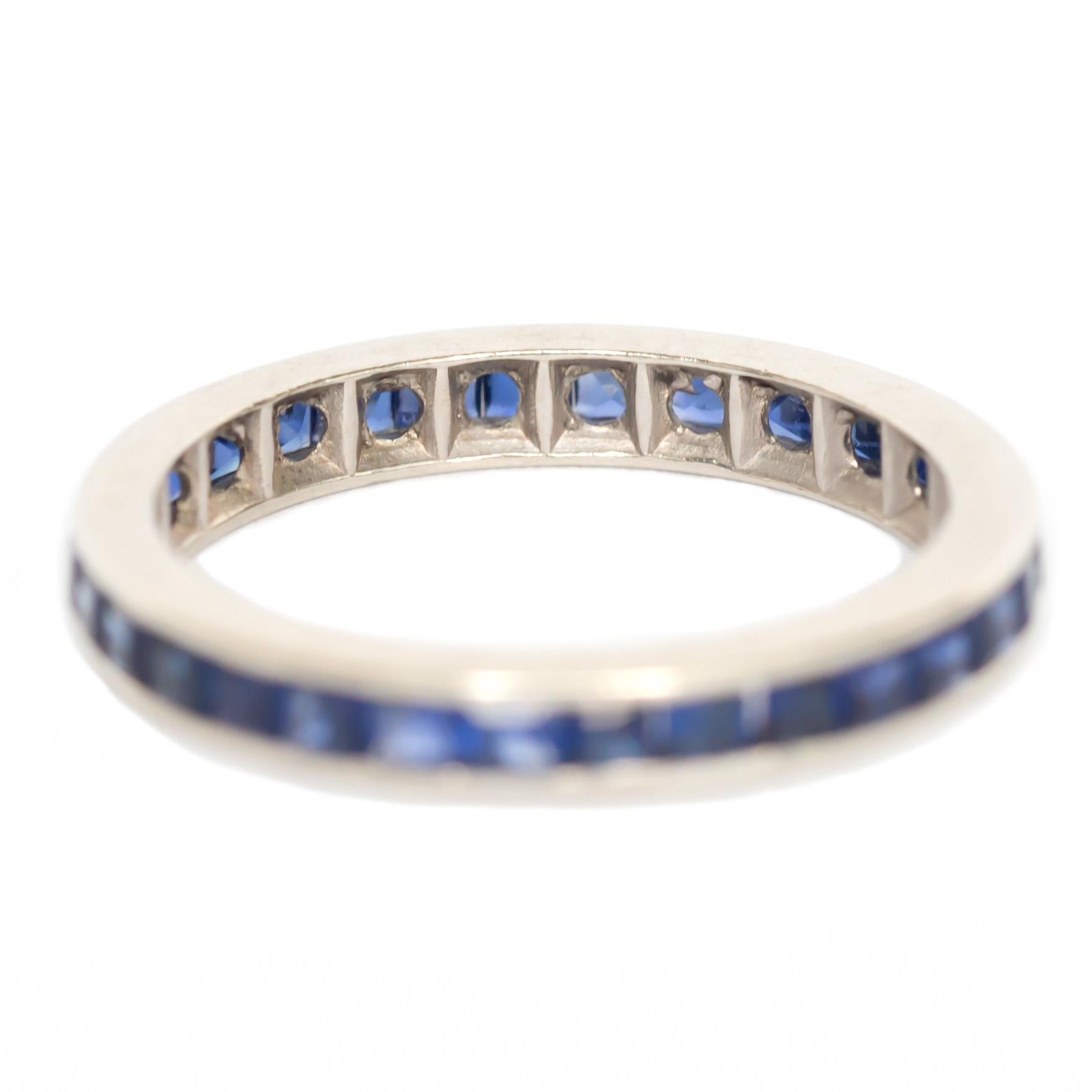 Item Details: 
Ring Size: 4.5
Metal Type: 14 Karat White Gold
Weight: 1.5 grams

Stone Details: 
Type: Sapphire
Shape: Square Step Cut 
Carat Weight: 1.00 carat, total weight.
Color: Natural Royal Blue 


Finger to Top of Stone Measurement: