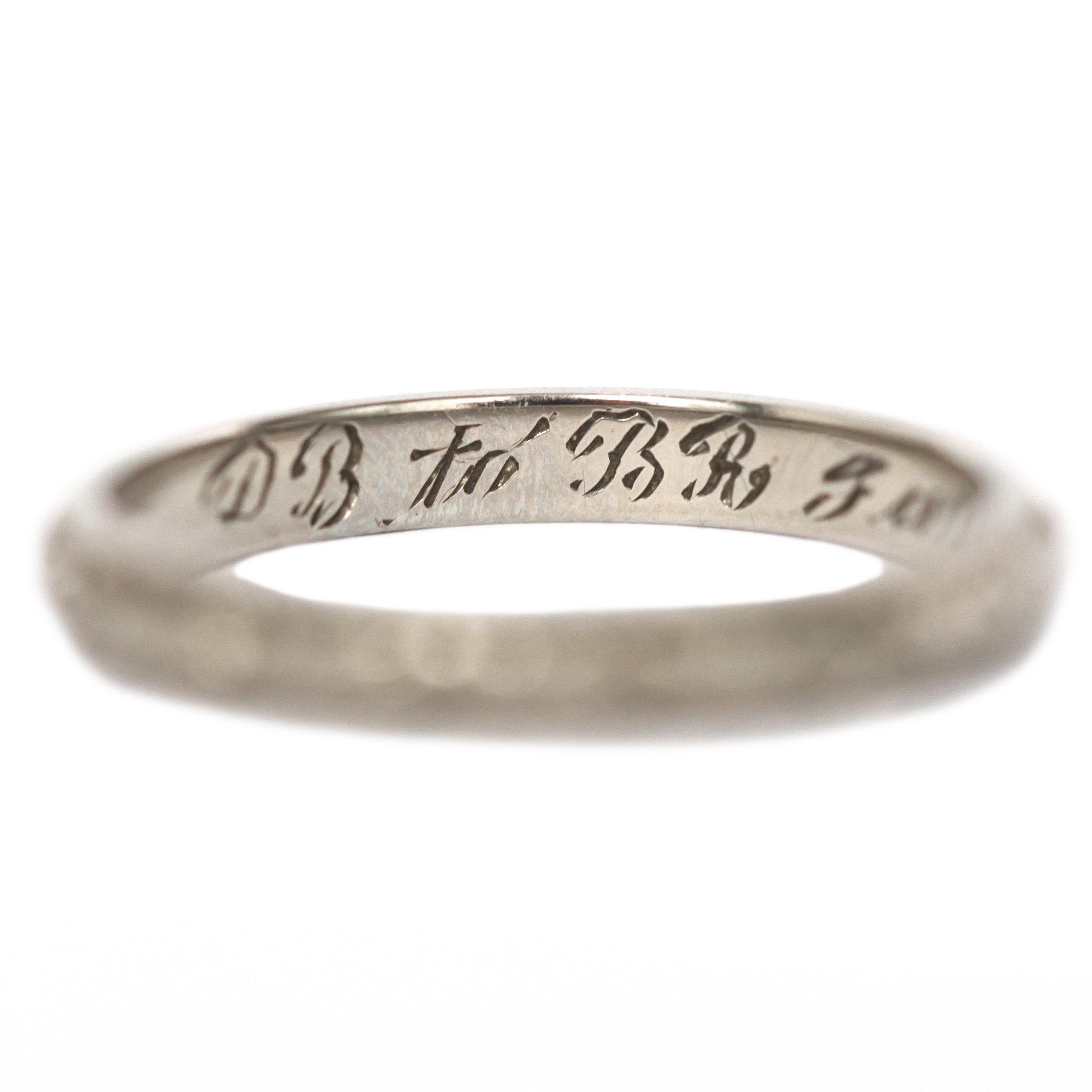 Ring Size: 5.90
Metal Type: 18 karat White Gold 
Weight: 2.4 grams

Finger to Top of Stone Measurement: 1.55mm
Width: 2.67mm

Engraving: 