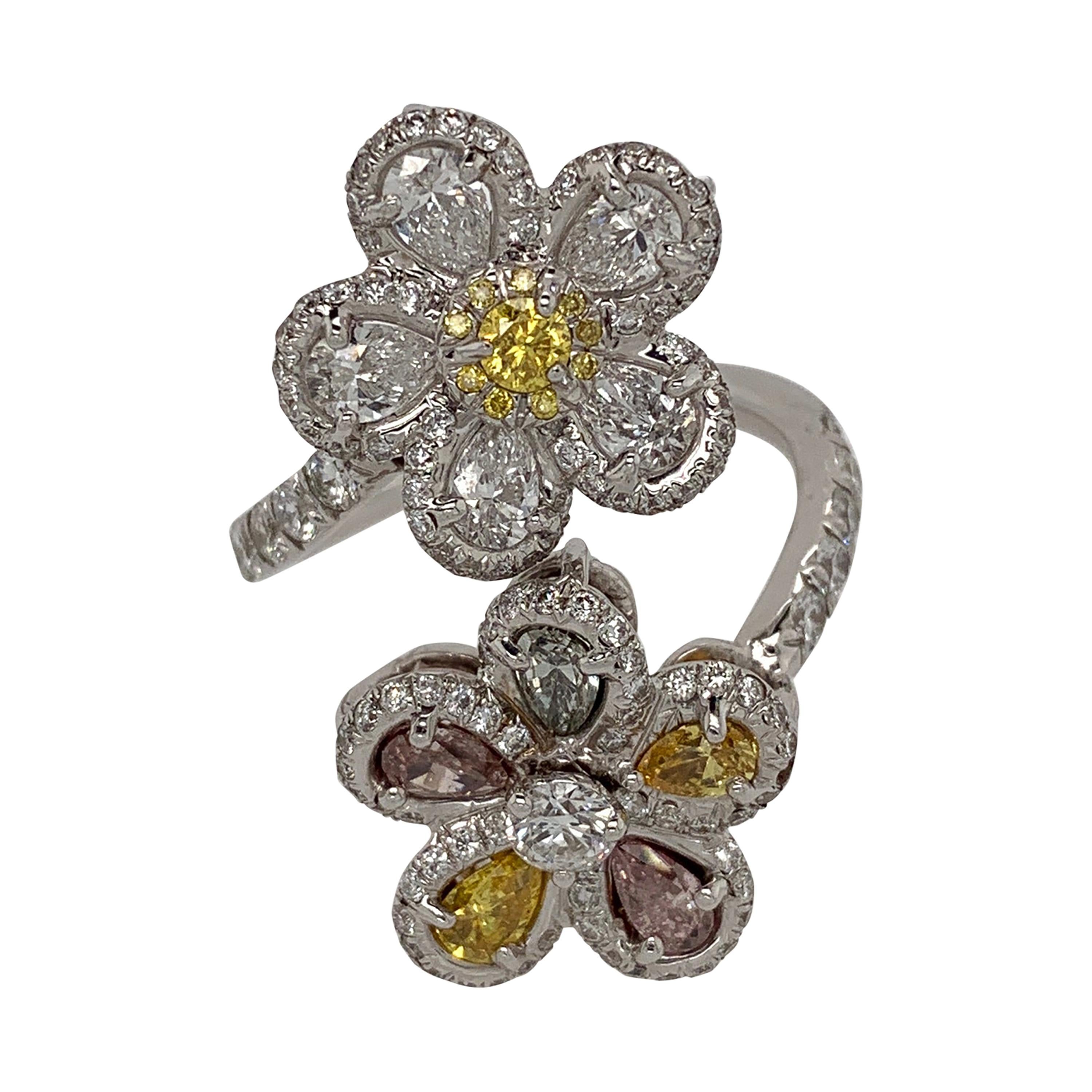 White Gold White and Yellow Diamond Ring, Flower Ring For Sale