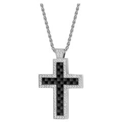 White Gold White Diamond Carbon Pedant Necklace, Carbon Fiber Cross Pendant
