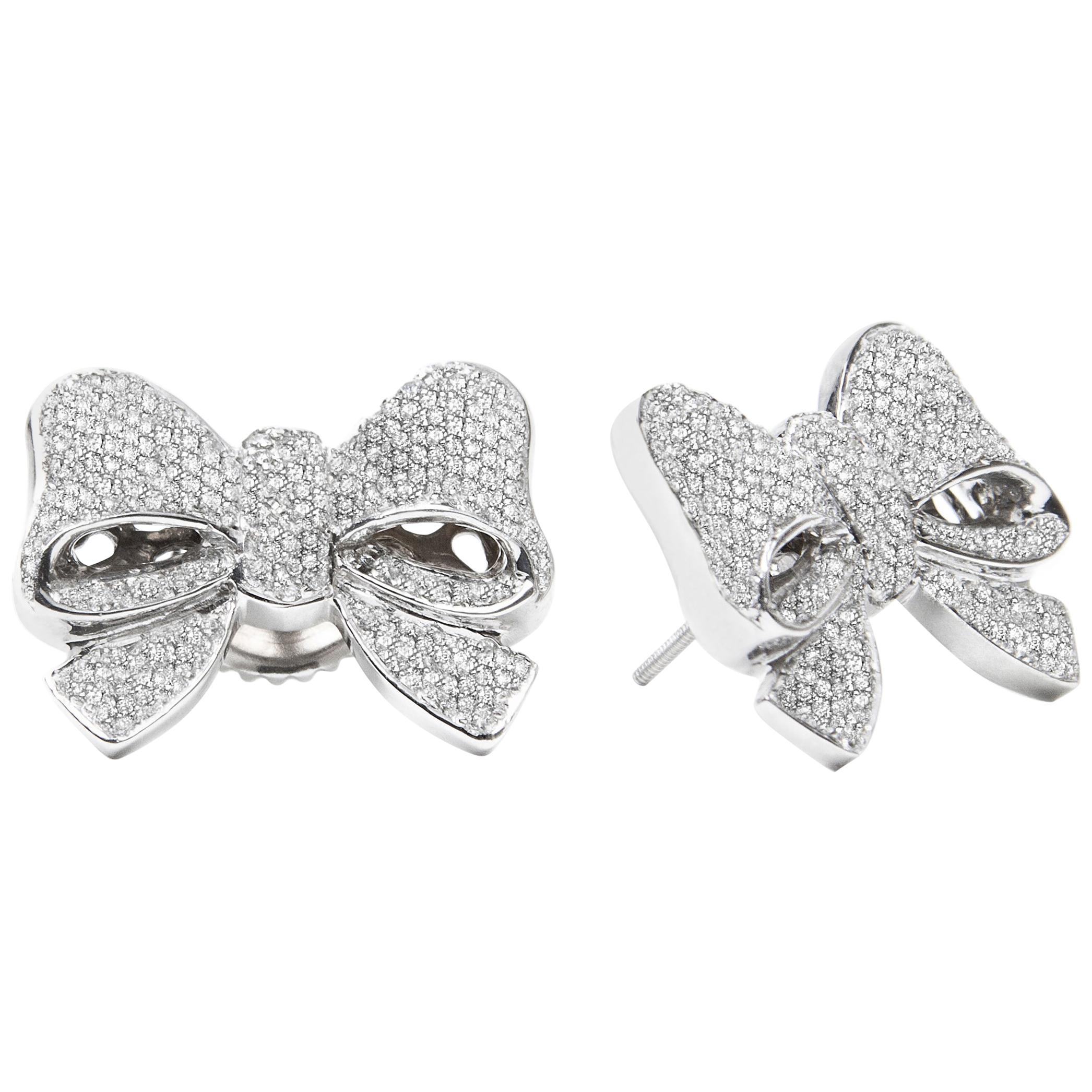 White Gold White Diamond Earrings, Bow Earrings For Sale