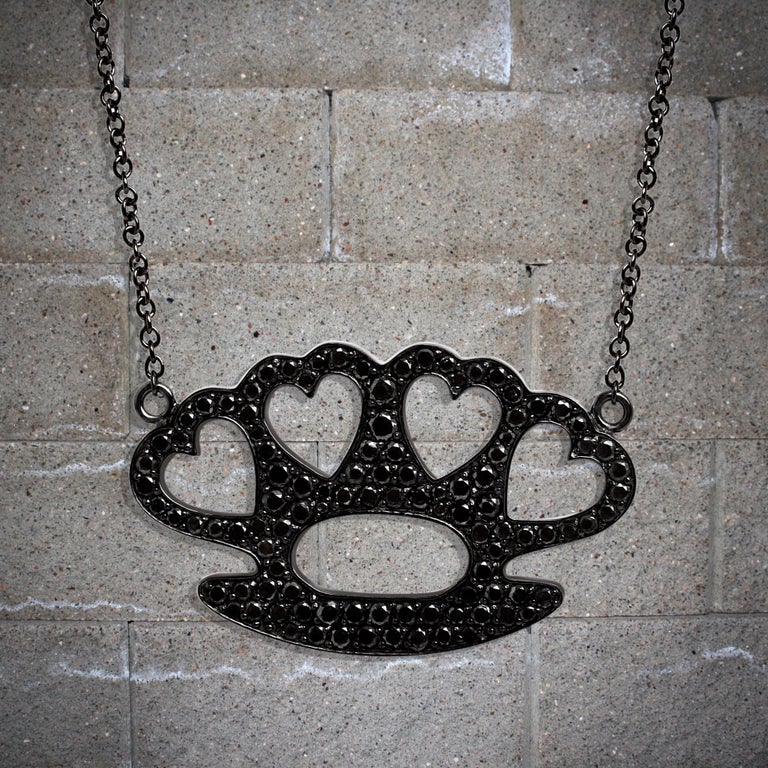 White Gold White Diamond Pedant Necklace, Brass Knuckles Heart Pendant