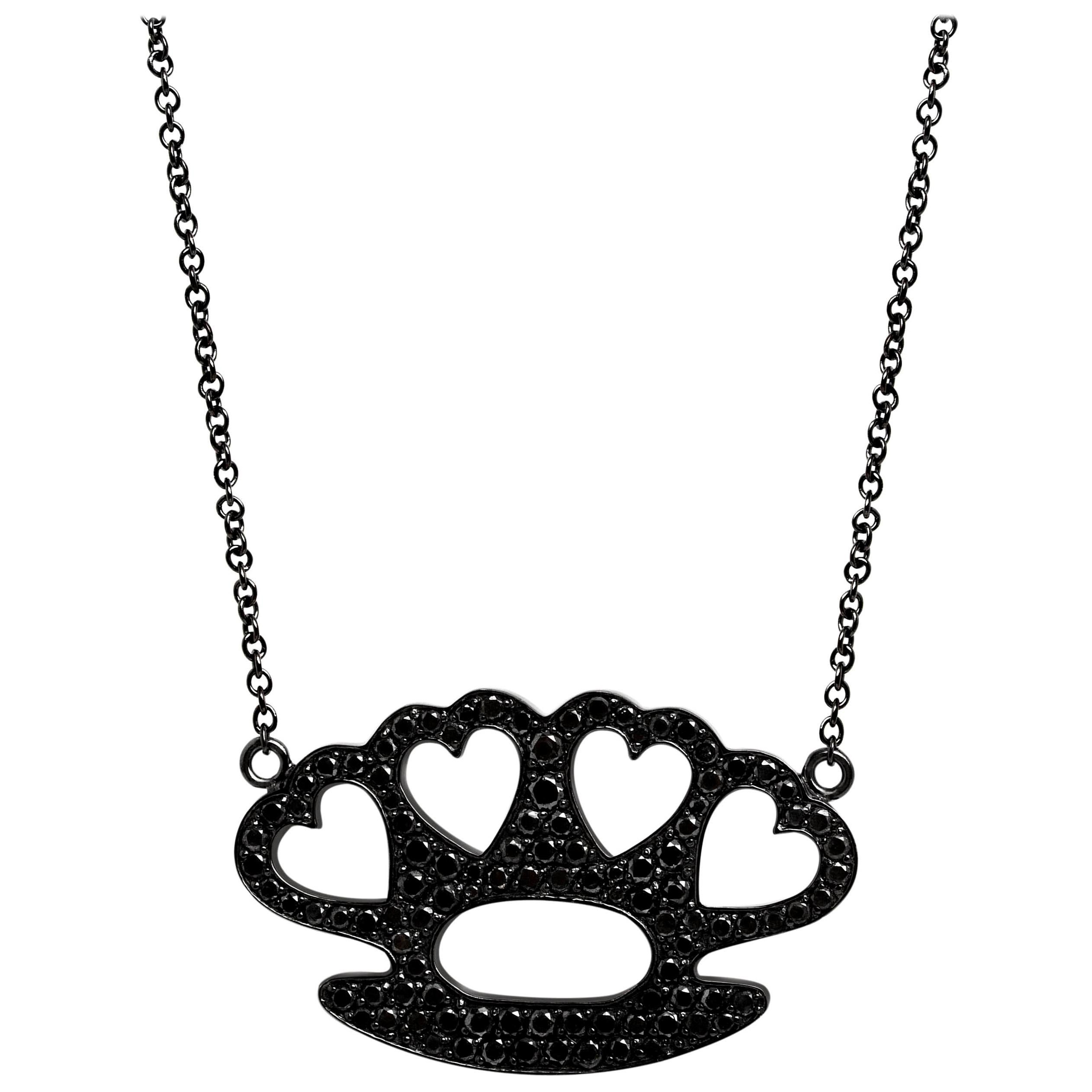 Modern White Gold White Diamond Pedant Necklace, Brass Knuckles Heart Pendant For Sale