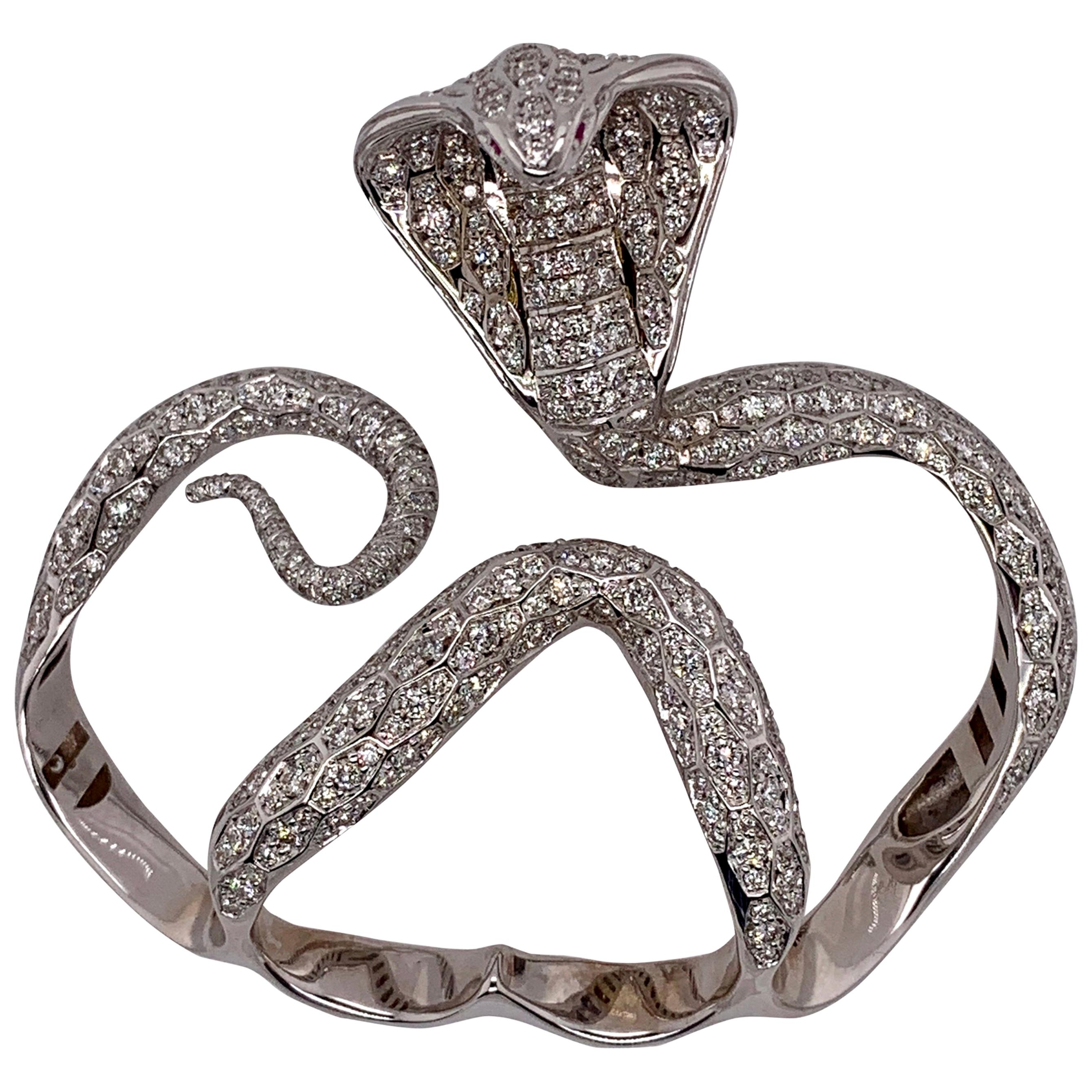 White Gold White Diamond Ring, Cobra Snake Ring For Sale
