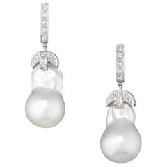 White Gold White South Sea Baroque Pearl Diamond Drop Earrings