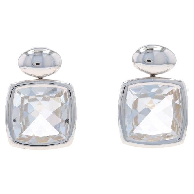 White Gold White Topaz Dangle Earrings - 18k Square Cushion 11.80ctw Pierced For Sale