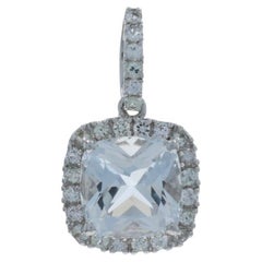 White Gold White Topaz Halo Pendant - 14k Cushion & Round 7.75ctw