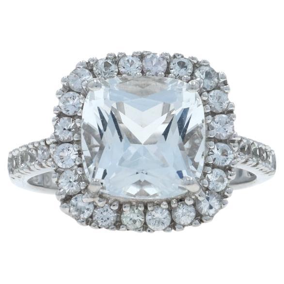 Anillo de oro blanco con halo de topacio blanco - 14k Cojín y redondo 6,25ctw