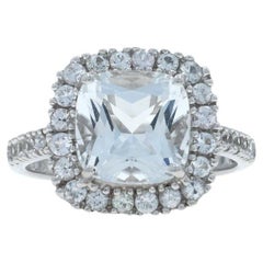 Anillo de oro blanco con halo de topacio blanco - 14k Cojín y redondo 6,25ctw