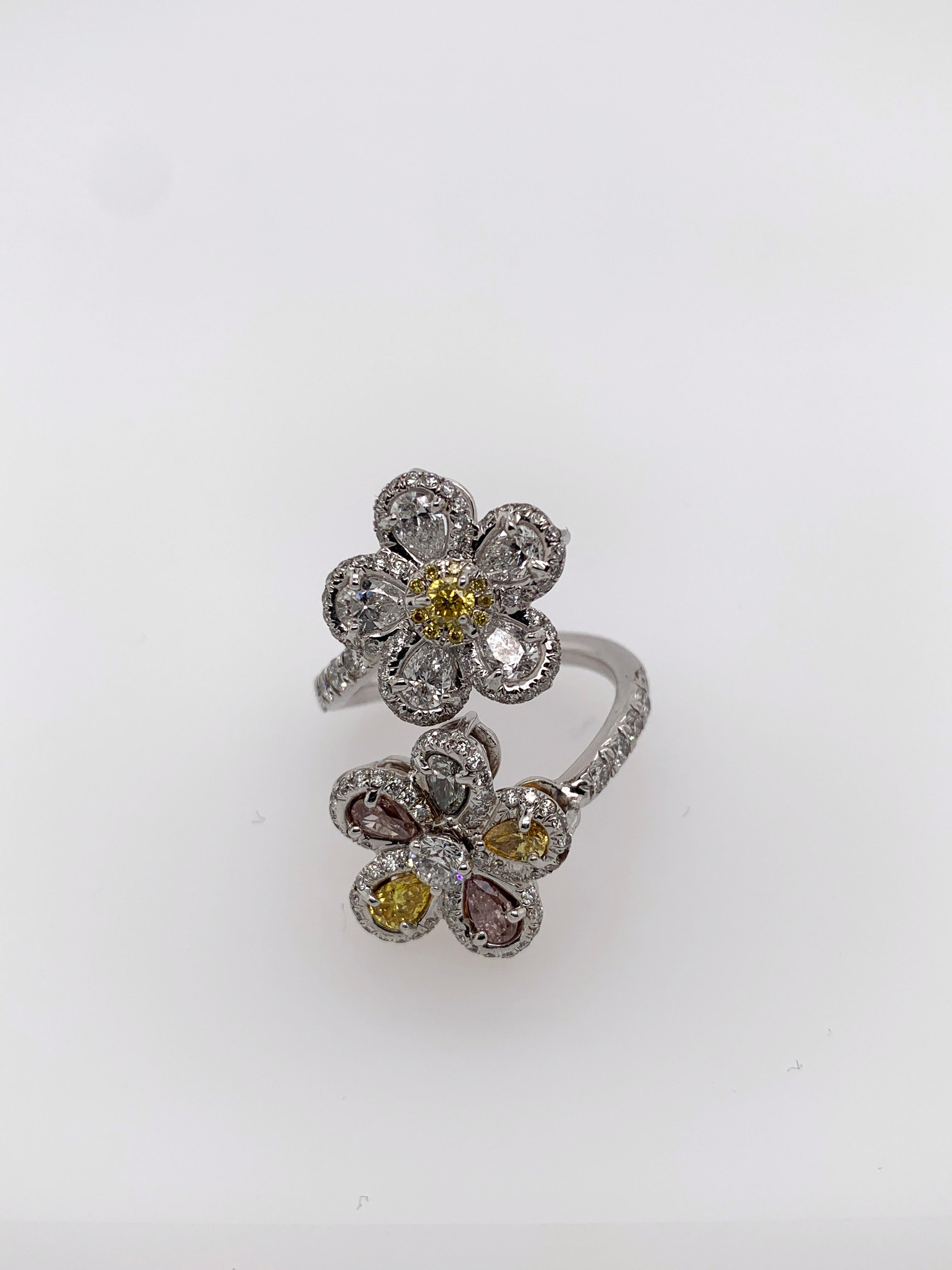 Modern White Gold White and Yellow Diamond Ring, Flower Ring For Sale