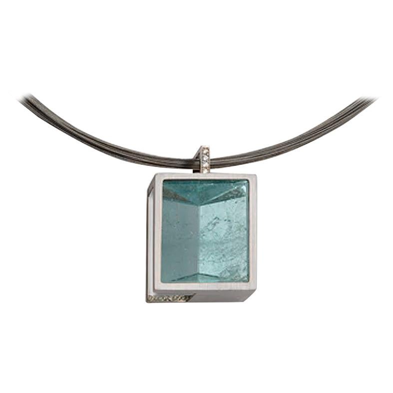 White Gold with Diamond Pave' Mirror Cut Aquamarine Pendant For Sale