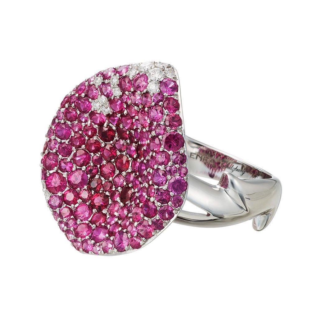 18k White Gold White Diamonds Pink Yellow Sapphires Ring For Sale 3