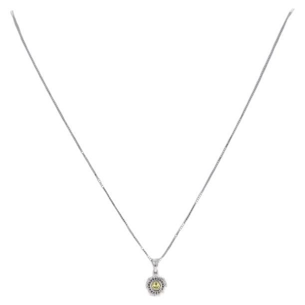 White Gold Yellow & Black Diamond Halo Necklace - 14k Rnd .71ctw Adjust Treated For Sale