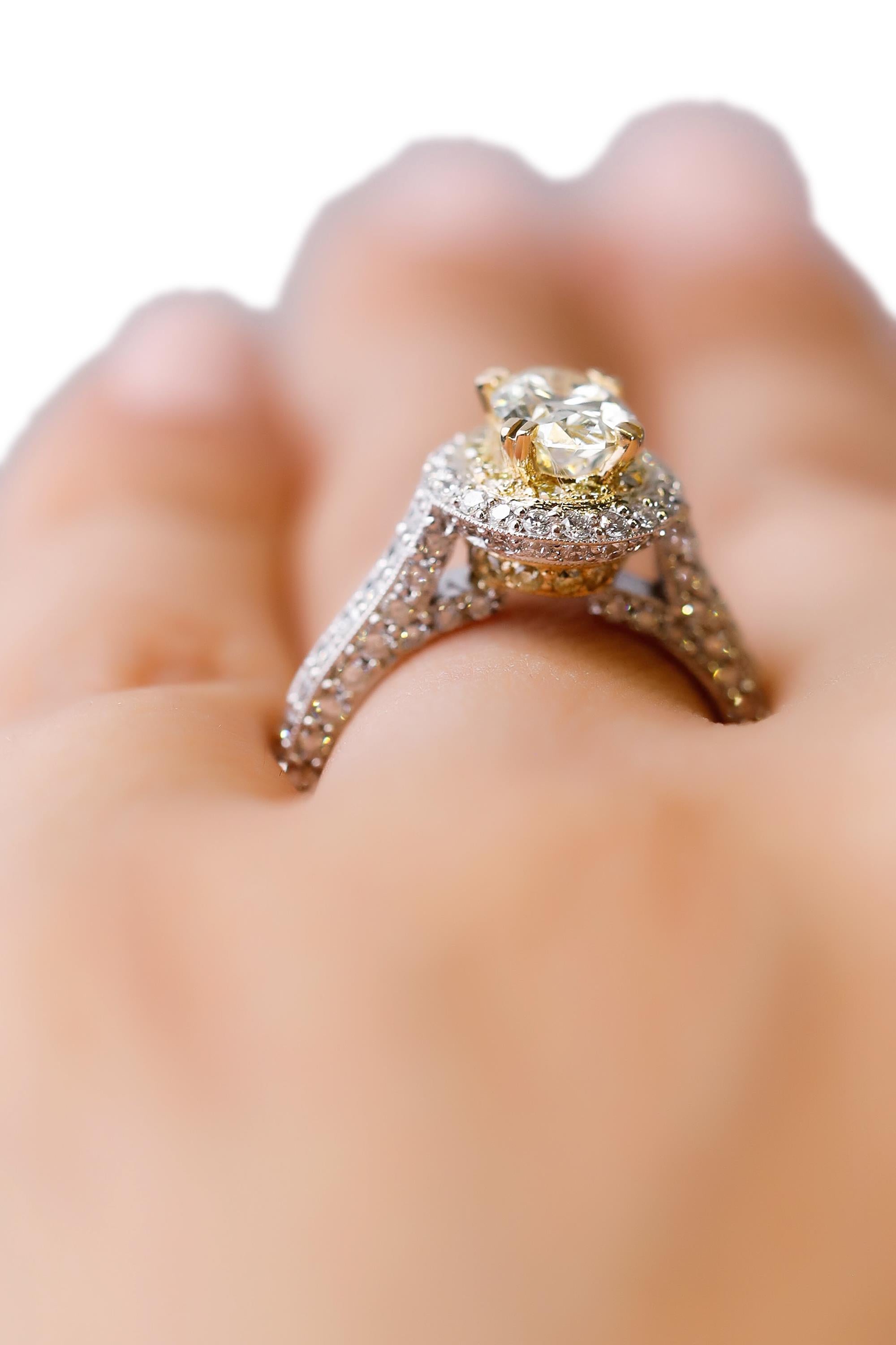 Victorian 14 Karat White Gold Yellow Diamond Halo Engagement Ring Designed by Natalie K