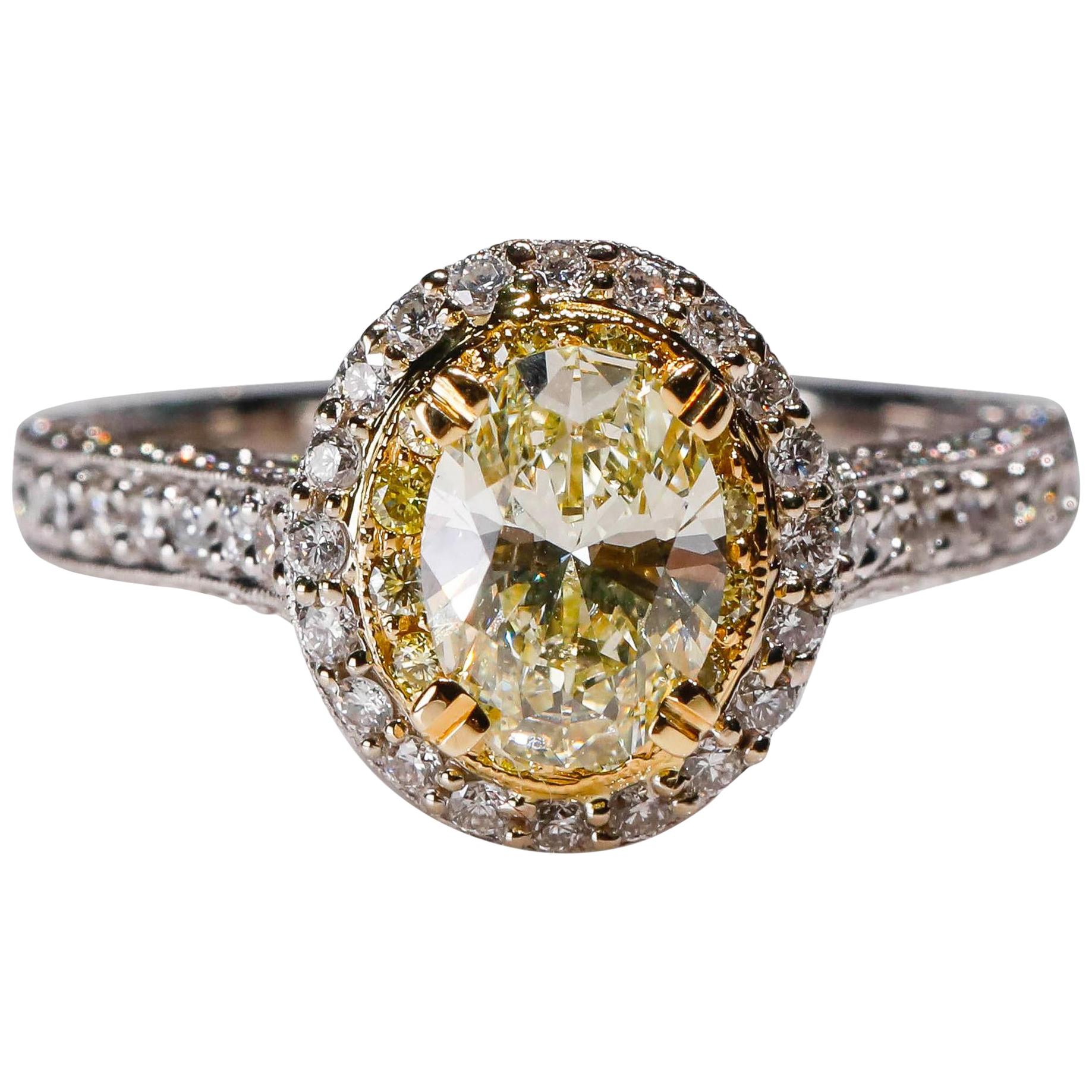 14 Karat White Gold Yellow Diamond Halo Engagement Ring Designed by Natalie K