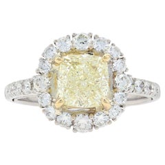 White Gold Yellow Diamond Halo Ring, 18 Karat Cushion Cut 2.46 Carat GIA