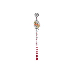 White Gold Yellow Gold Diamonds Round Rubies Pear Cut Ruby Long Earring "Ribbon"