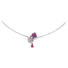 White Gold Yellow Gold Diamonds Round Rubies Pear Cut Ruby Pendant "Scull"