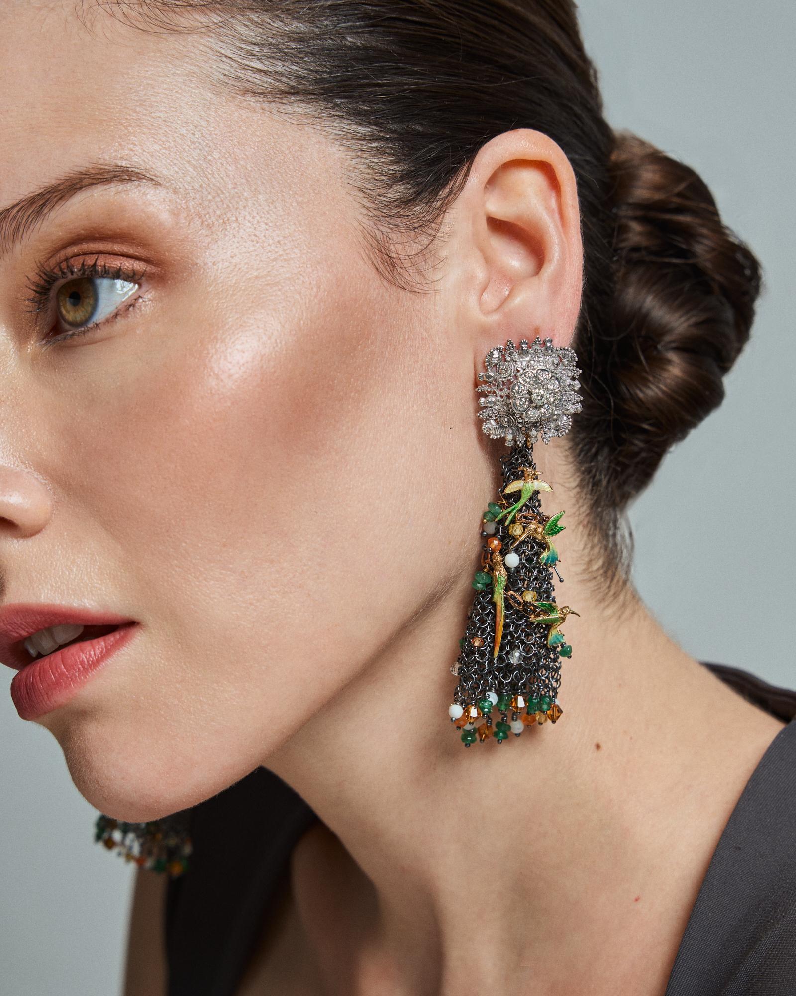 White Gold Yellow Gold Earrings Diamonds Enamels Emeralds Nacar Citrine Quartz For Sale 8