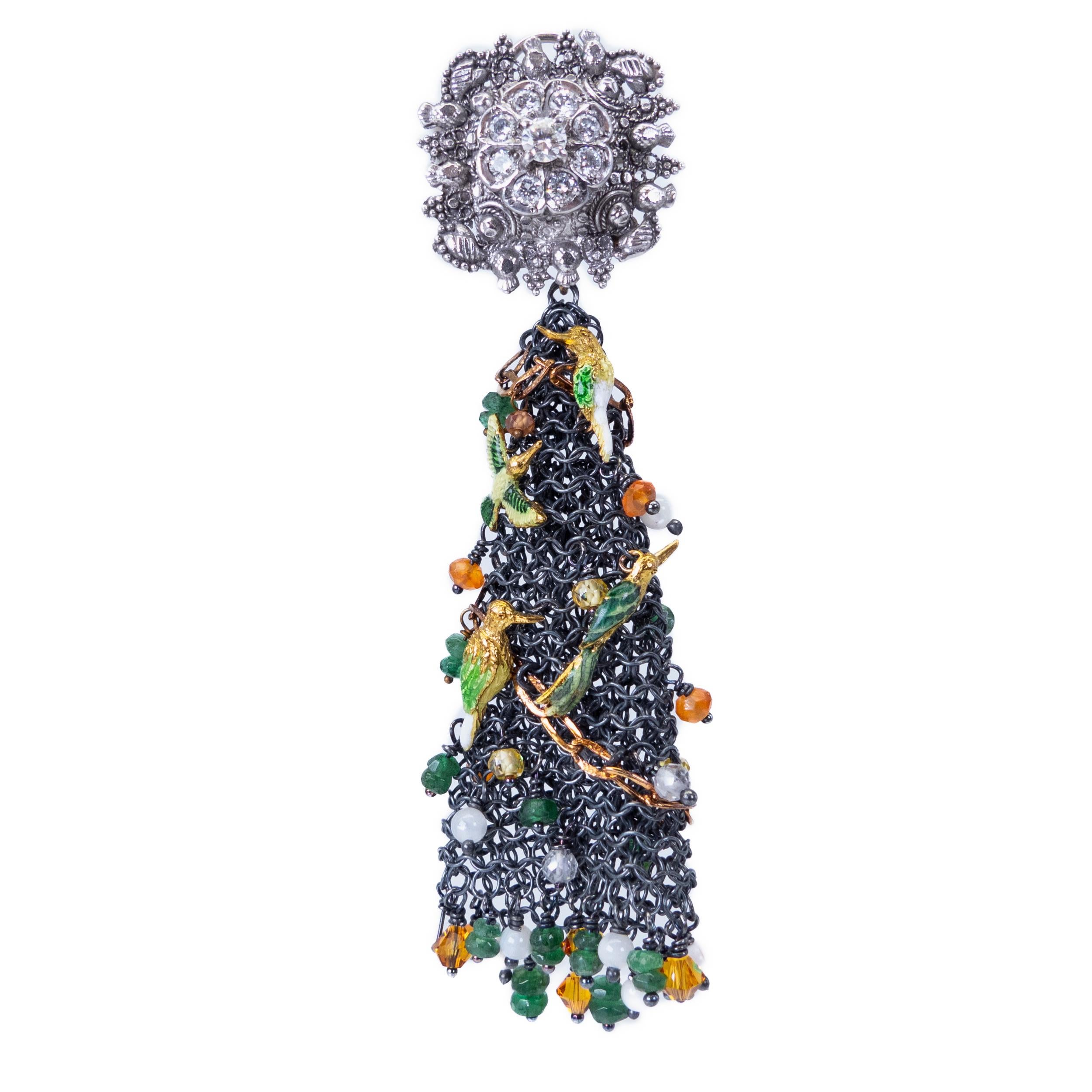 White Gold Yellow Gold Earrings Diamonds Enamels Emeralds Nacar Citrine Quartz In New Condition For Sale In Valencia, ES