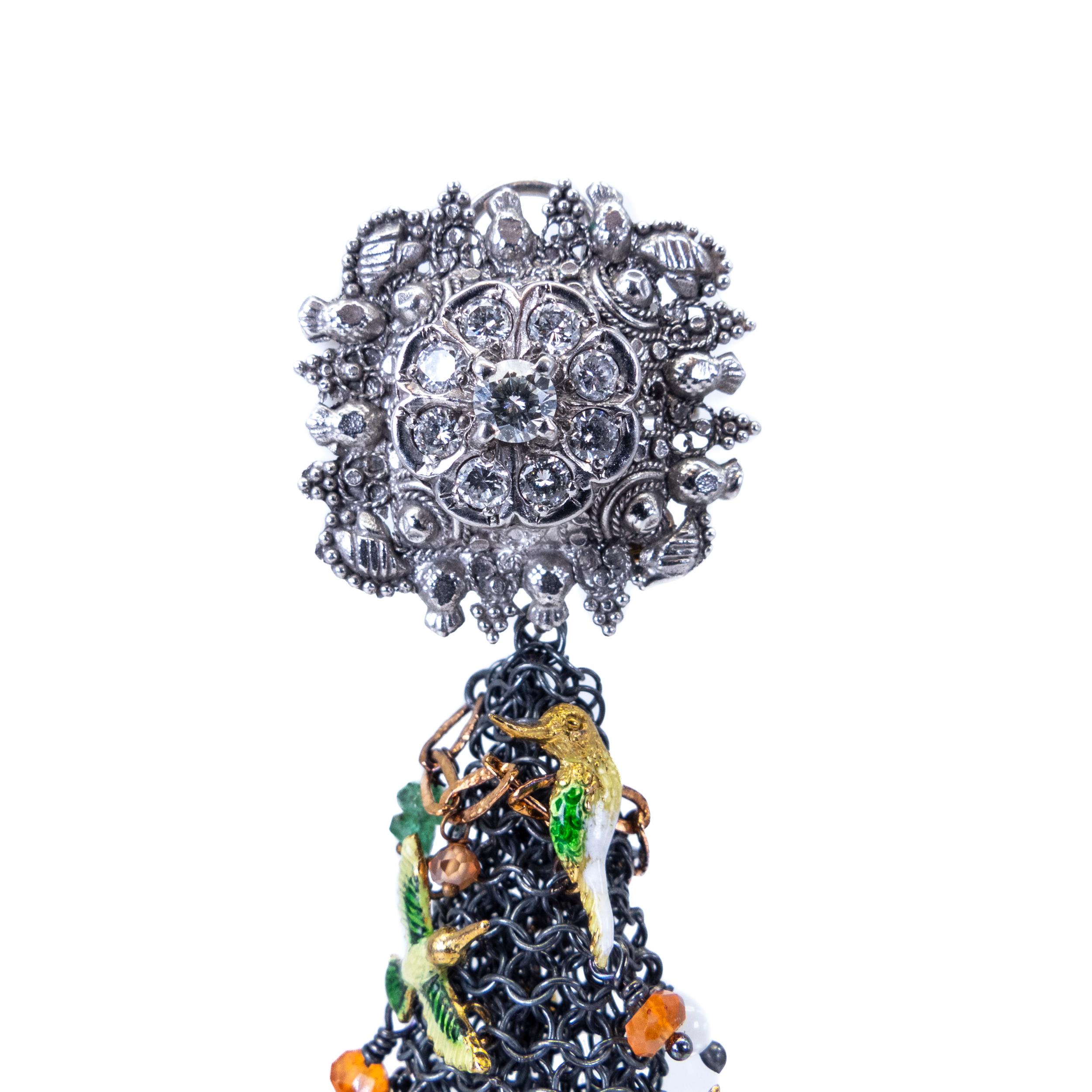 Women's White Gold Yellow Gold Earrings Diamonds Enamels Emeralds Nacar Citrine Quartz For Sale