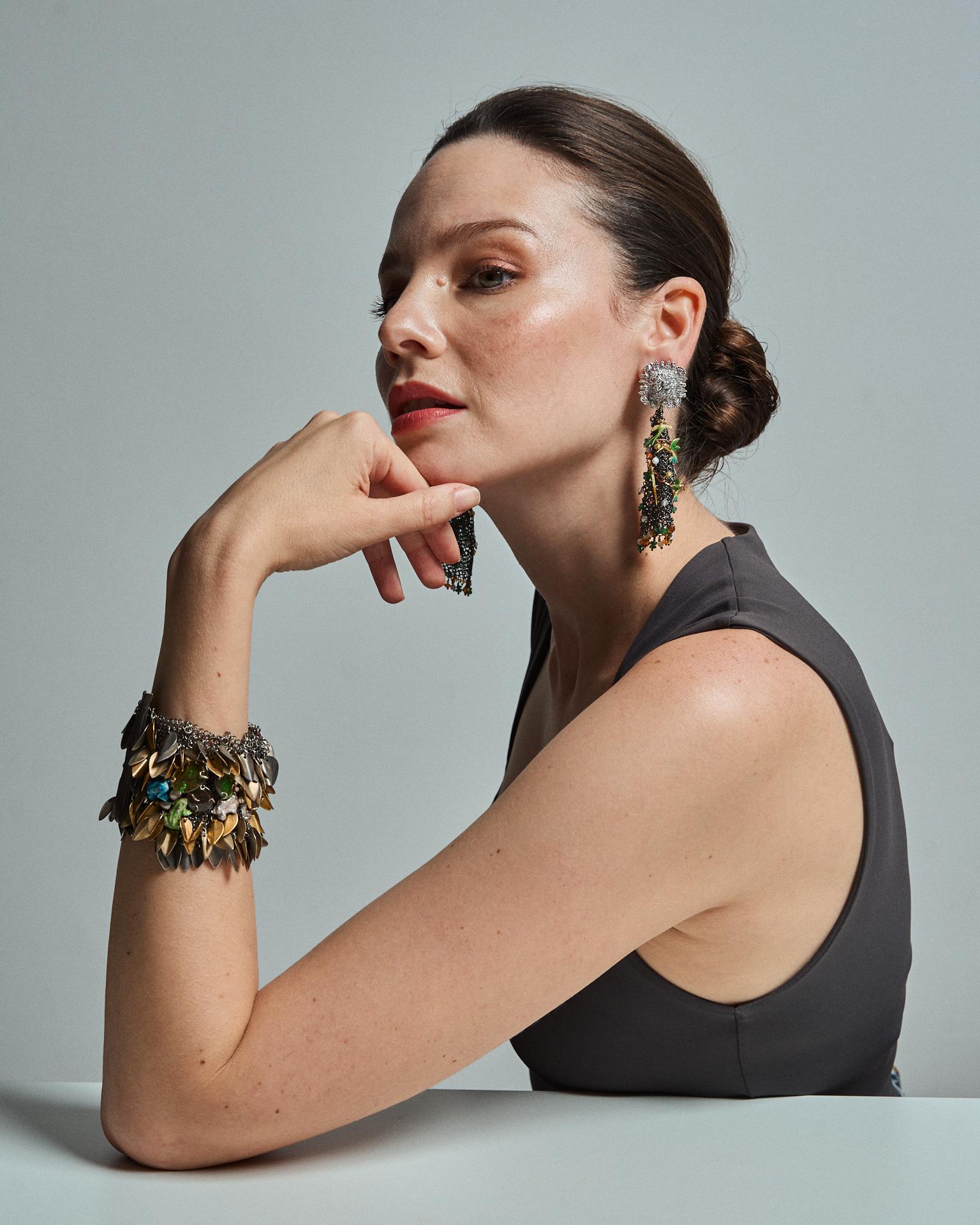 Brilliant Cut White Gold Yellow Gold Earrings Diamonds Enamels Emeralds Nacar Citrine Quartz For Sale