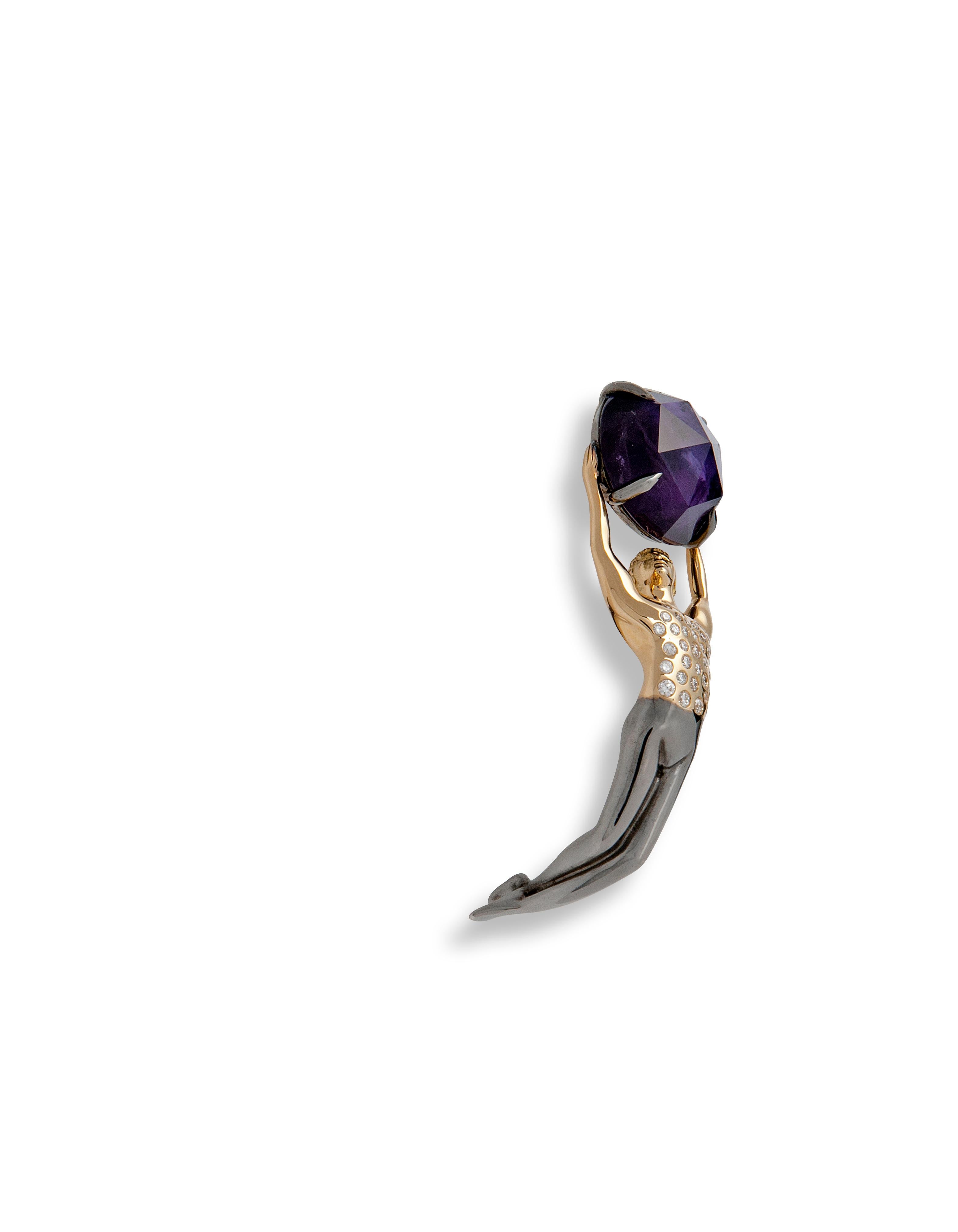 Modern White Gold Yellow Gold Silver Amethyst White Diamonds Stud Earrings  For Sale