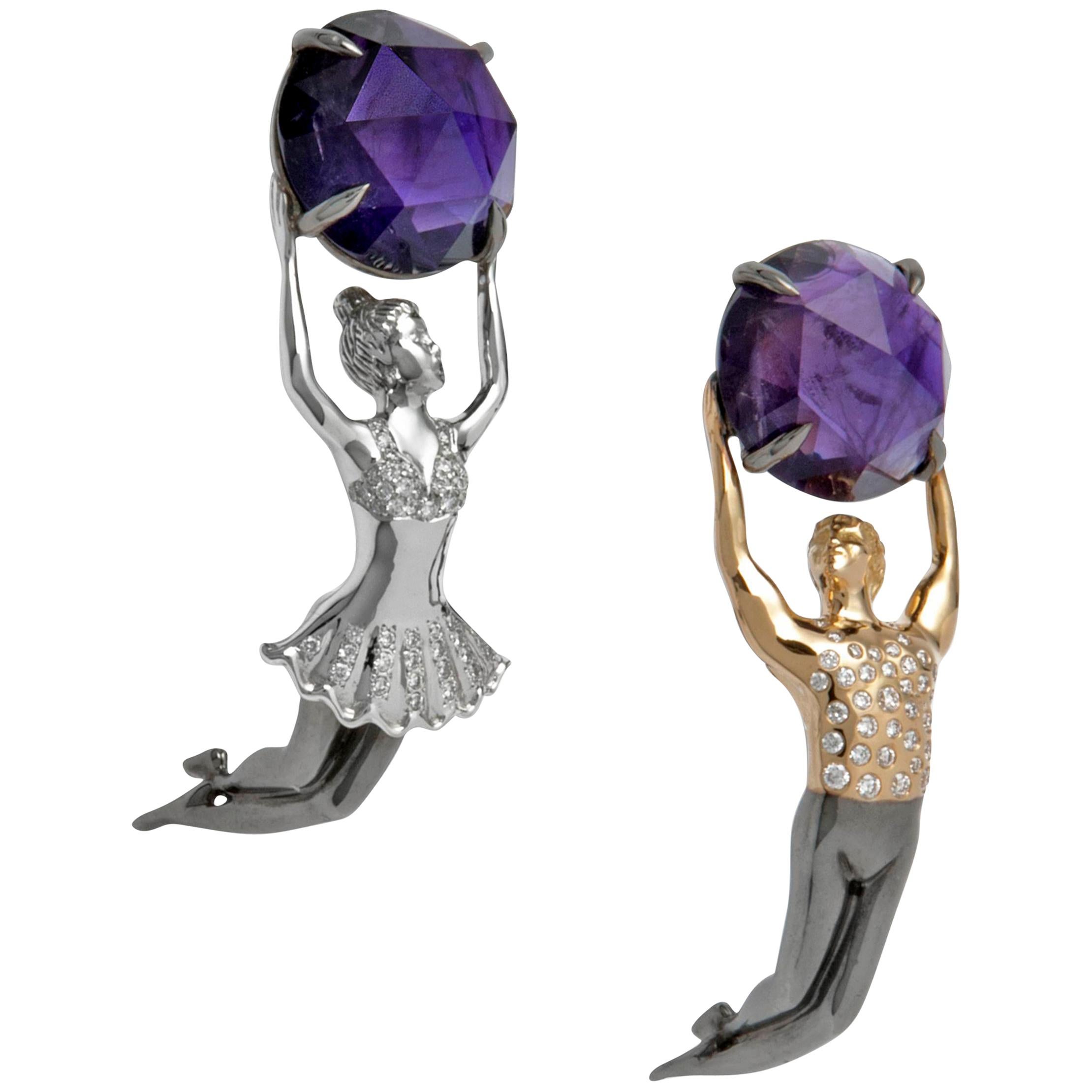 White Gold Yellow Gold Silver Amethyst White Diamonds Stud Earrings  For Sale