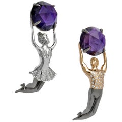 White Gold Yellow Gold Silver Amethyst White Diamonds Stud Earrings