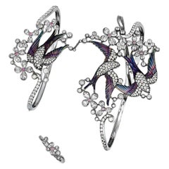 White Gold Yellow Round Sapphire Cut Diamonds Palm Bracelet "A game of Swallows"