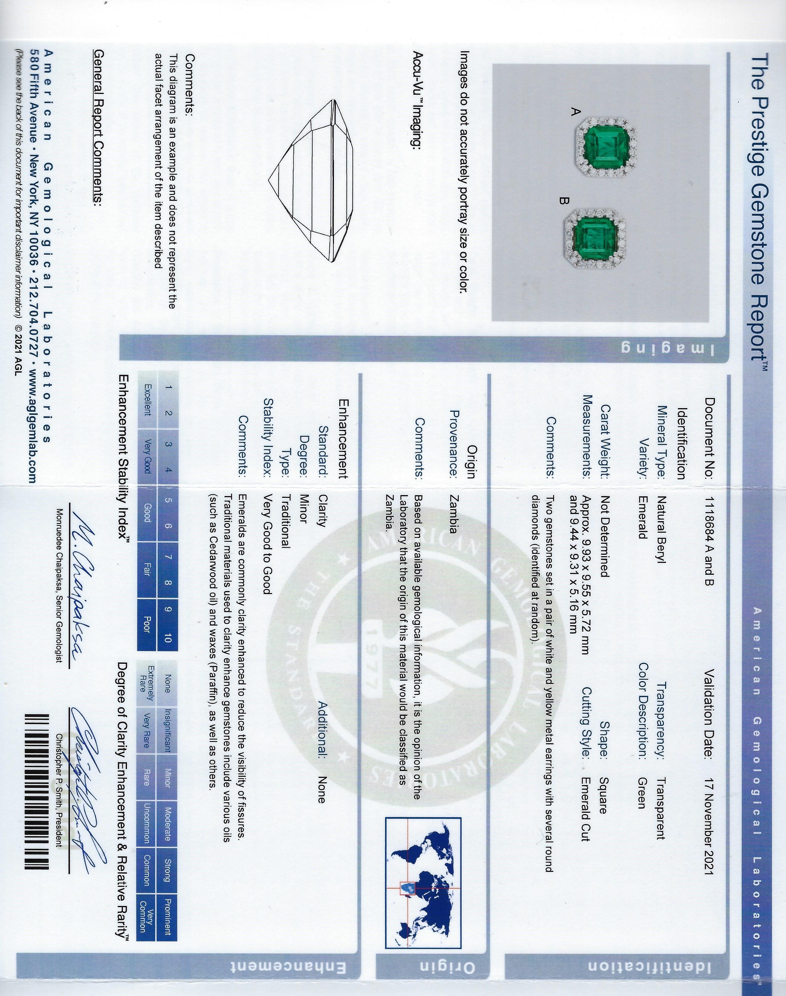 White Gold Zambian Emerald and Diamond Earrings with AGL Certificate 6