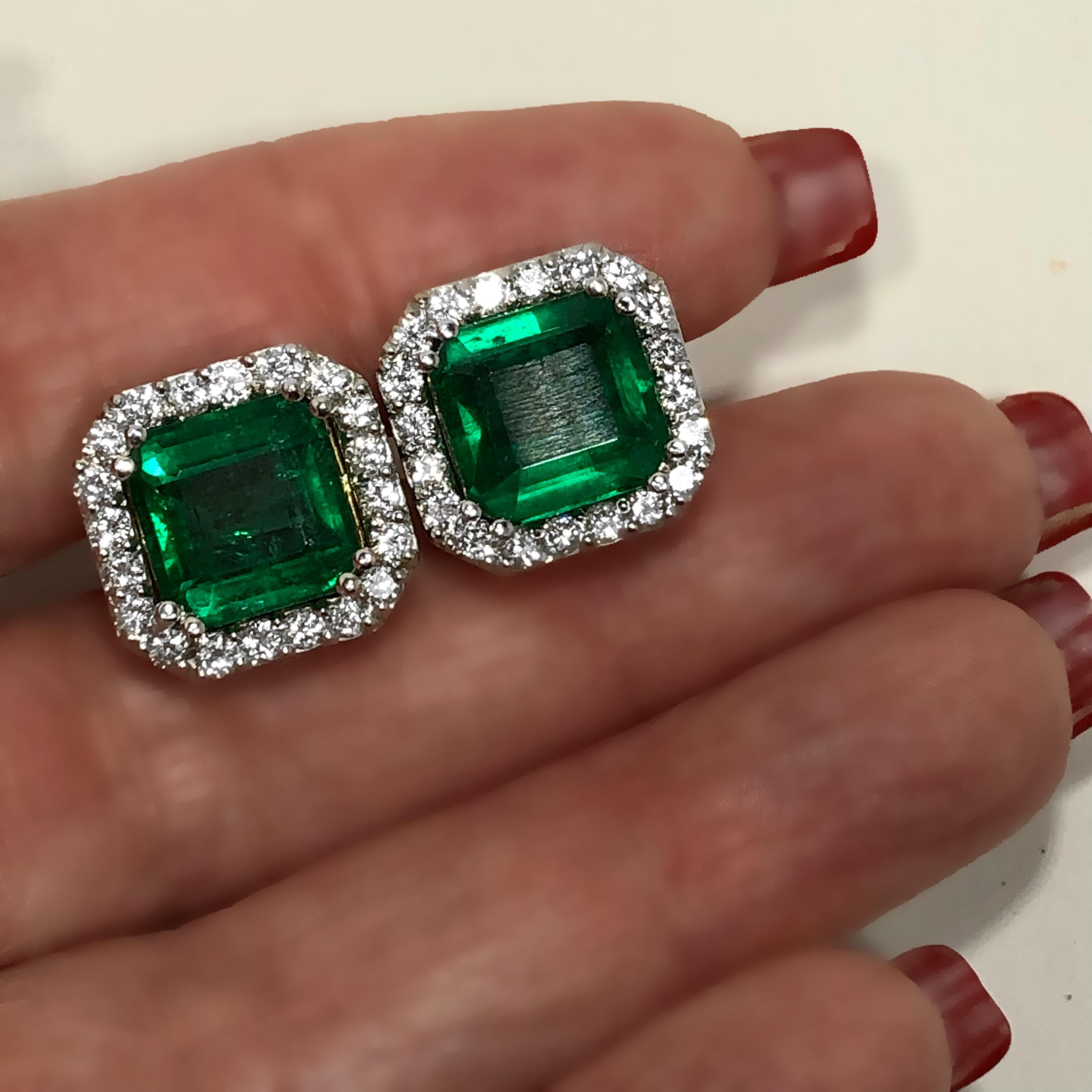 Women's White Gold Zambian Emerald and Diamond Earrings with AGL Certificate