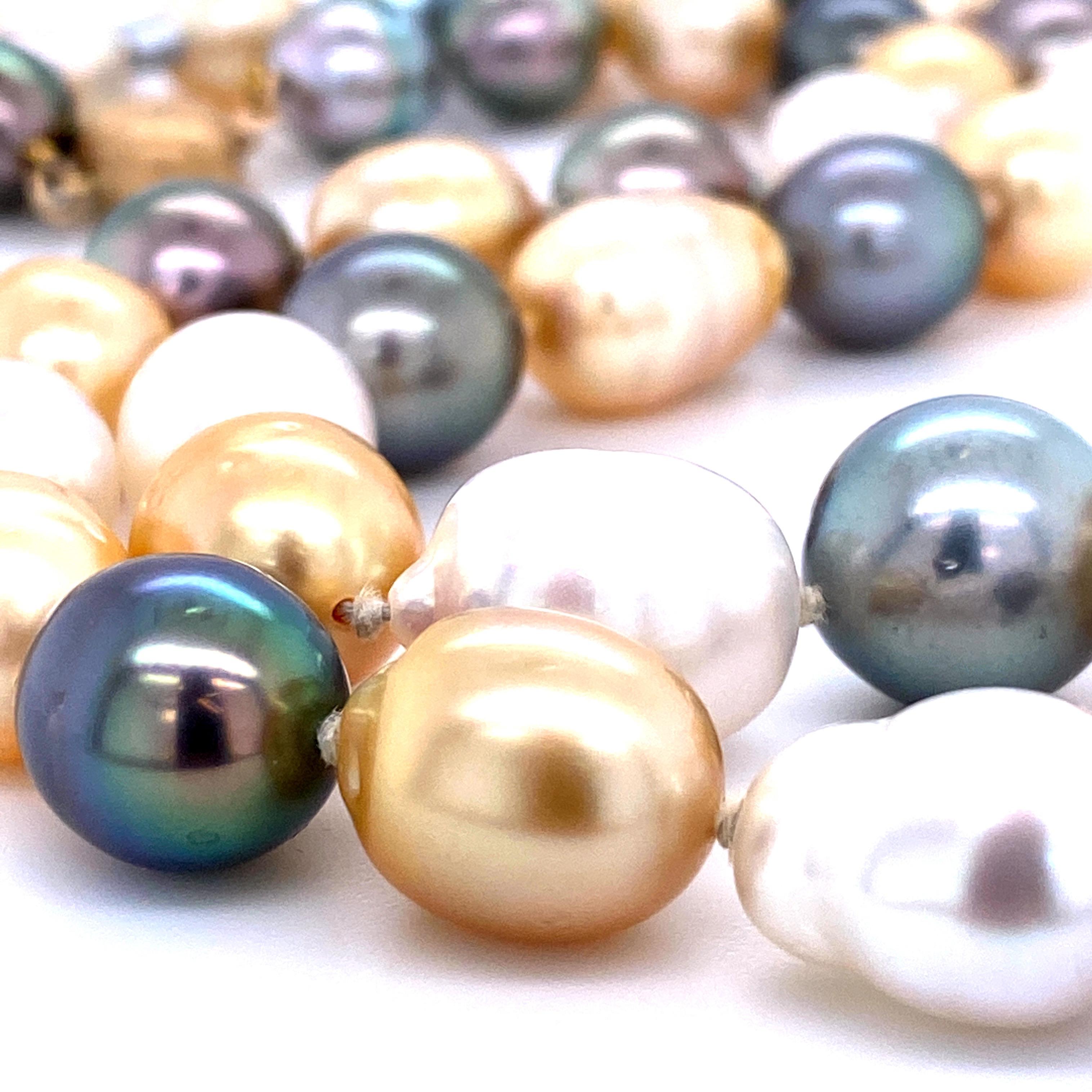 Round Cut White and Golden South Sea Tahitian Baroque Pearl Necklace 14 Karat Gold