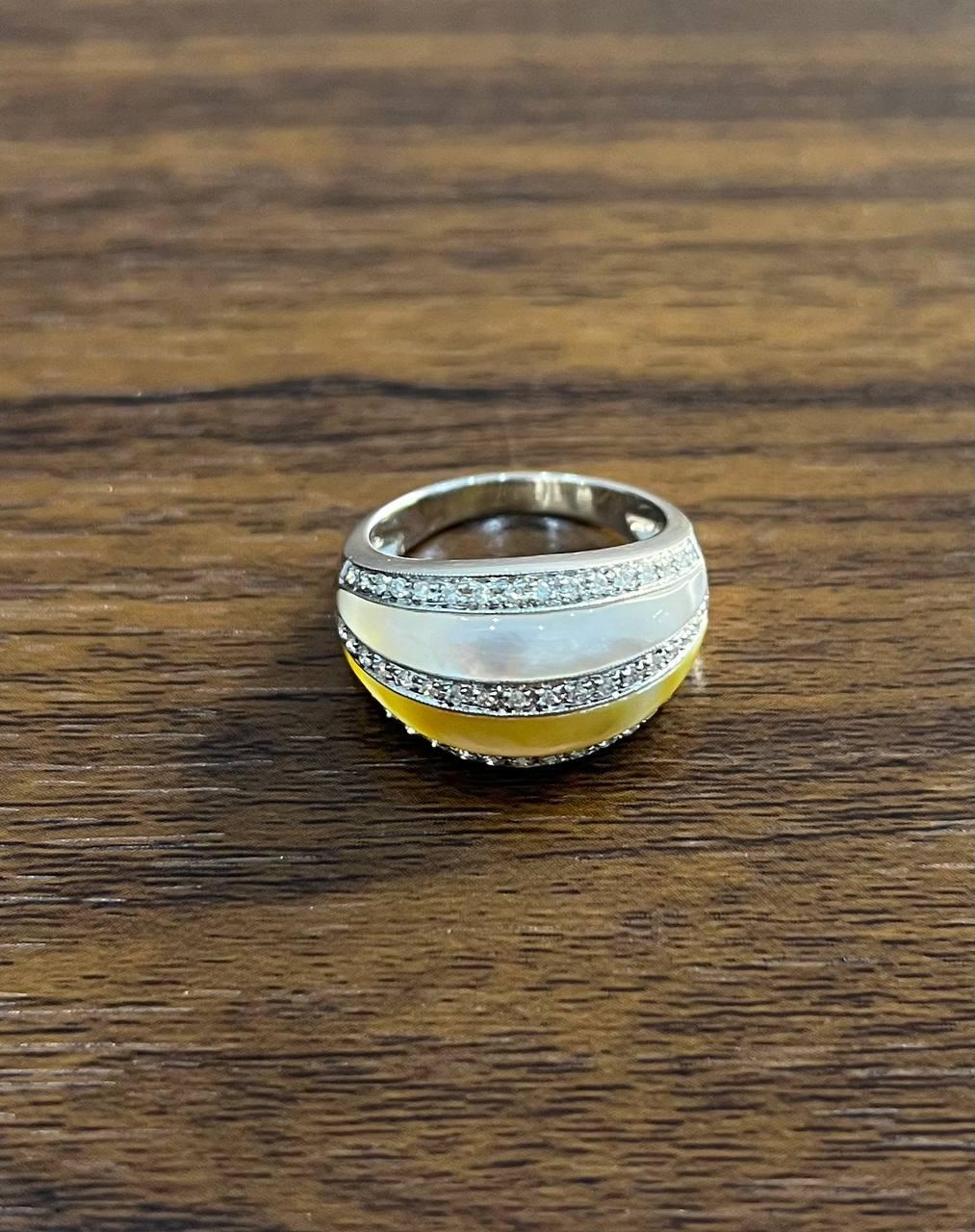 Mixed Cut White Golden Yellow Mother of Pearl Diamond Channel Dome 14K White Gold Ring For Sale