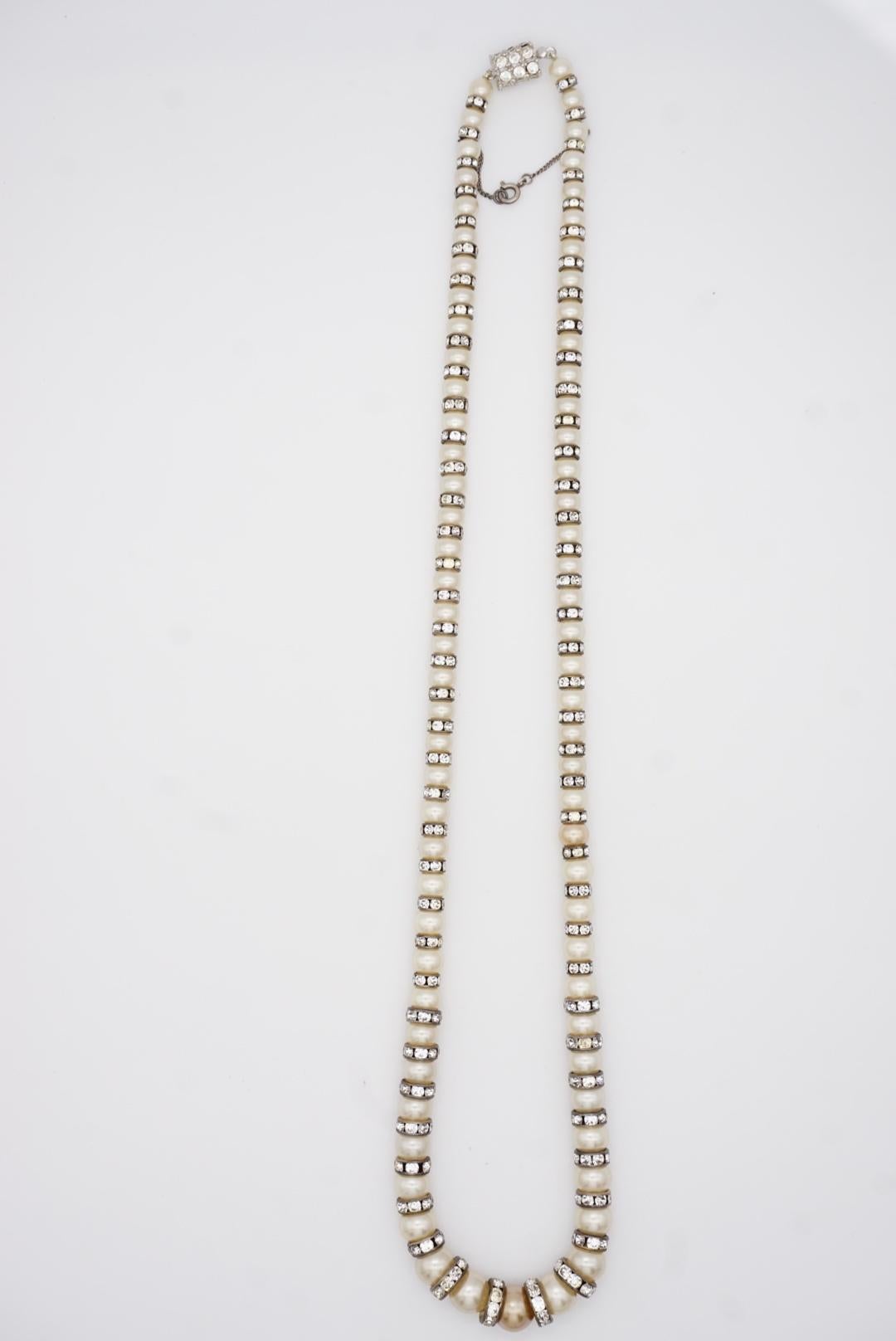 White Graduated Spherical Beads Pearls Shining Crystals Long Strands Necklace For Sale 7