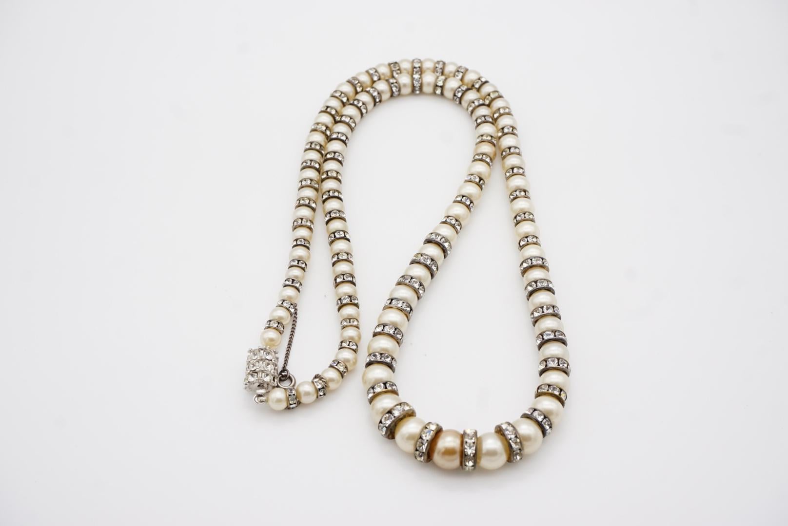 White Graduated Spherical Beads Pearls Shining Crystals Long Strands Necklace For Sale 8
