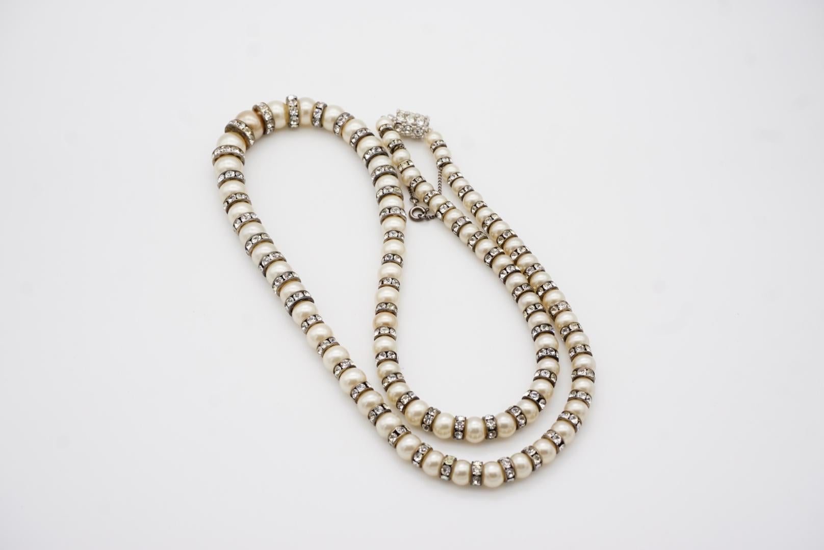 White Graduated Spherical Beads Pearls Shining Crystals Long Strands Necklace For Sale 9