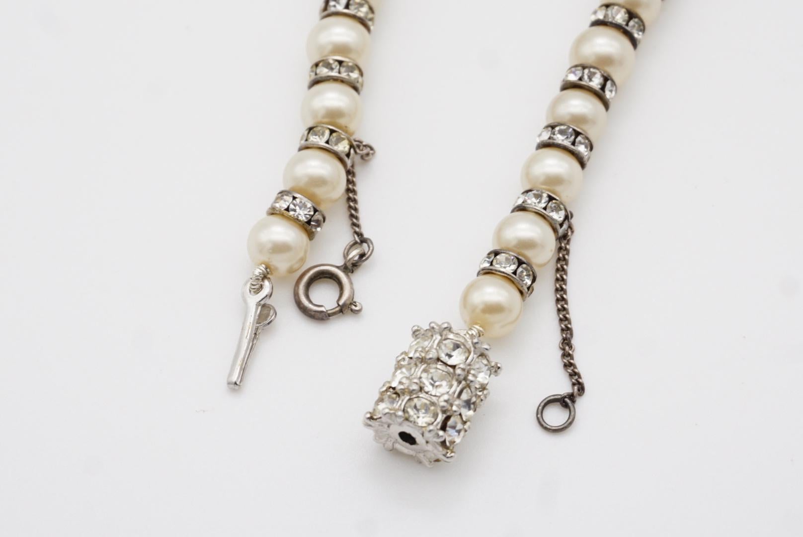 White Graduated Spherical Beads Pearls Shining Crystals Long Strands Necklace For Sale 10