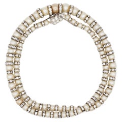 White Graduated Spherical Beads Pearls Shining Crystals Long Strands Necklace
