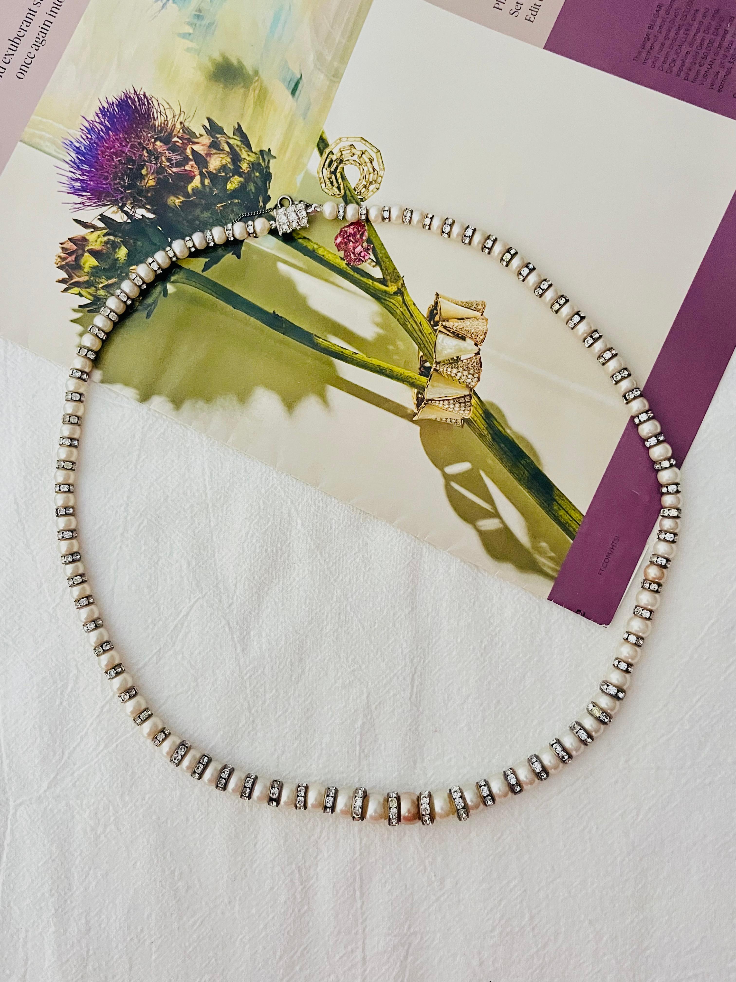 Art Deco White Graduated Spherical Beads Pearls Shining Crystals Long Strands Necklace For Sale