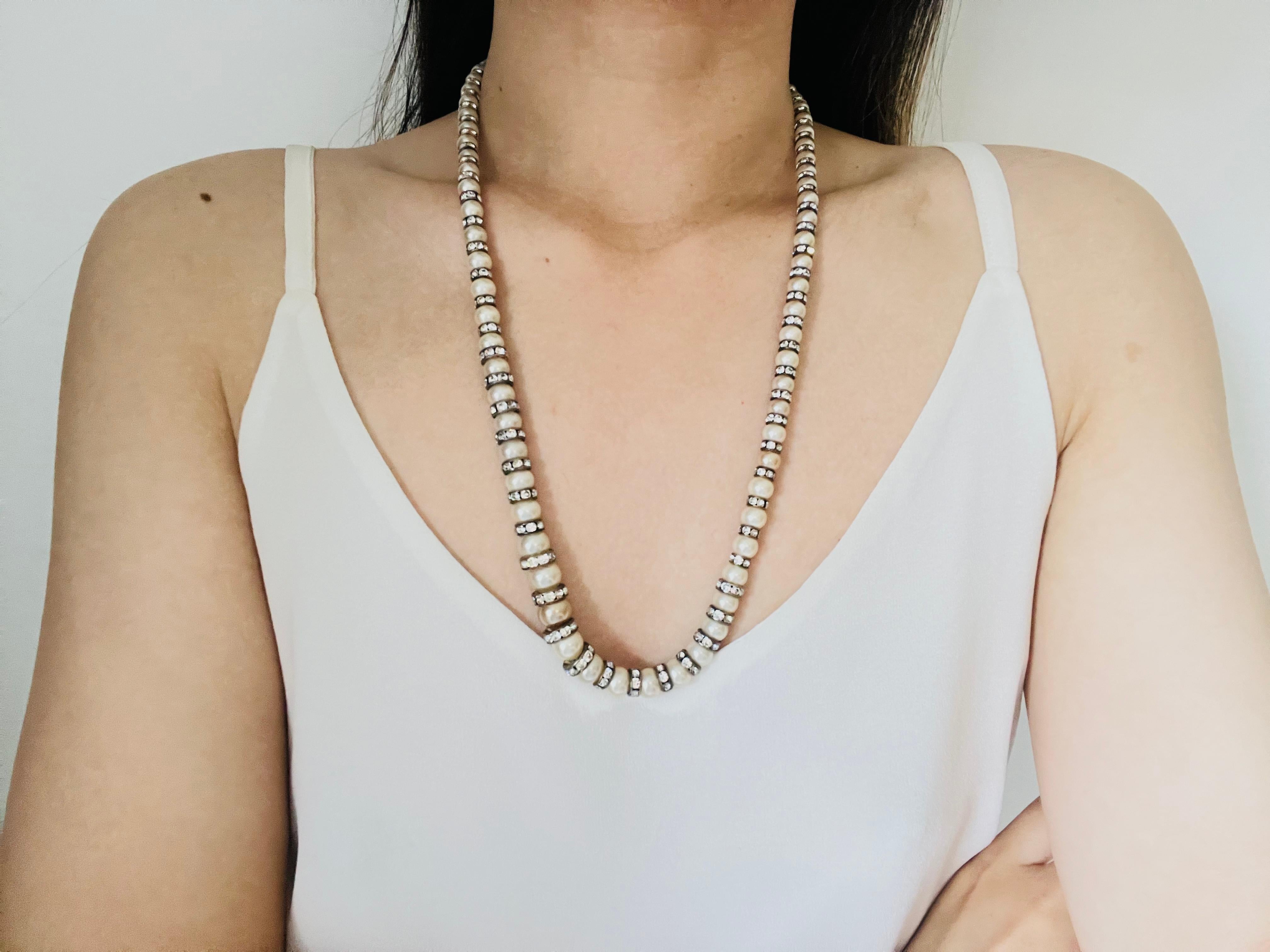 White Graduated Spherical Beads Pearls Shining Crystals Long Strands Necklace For Sale 2