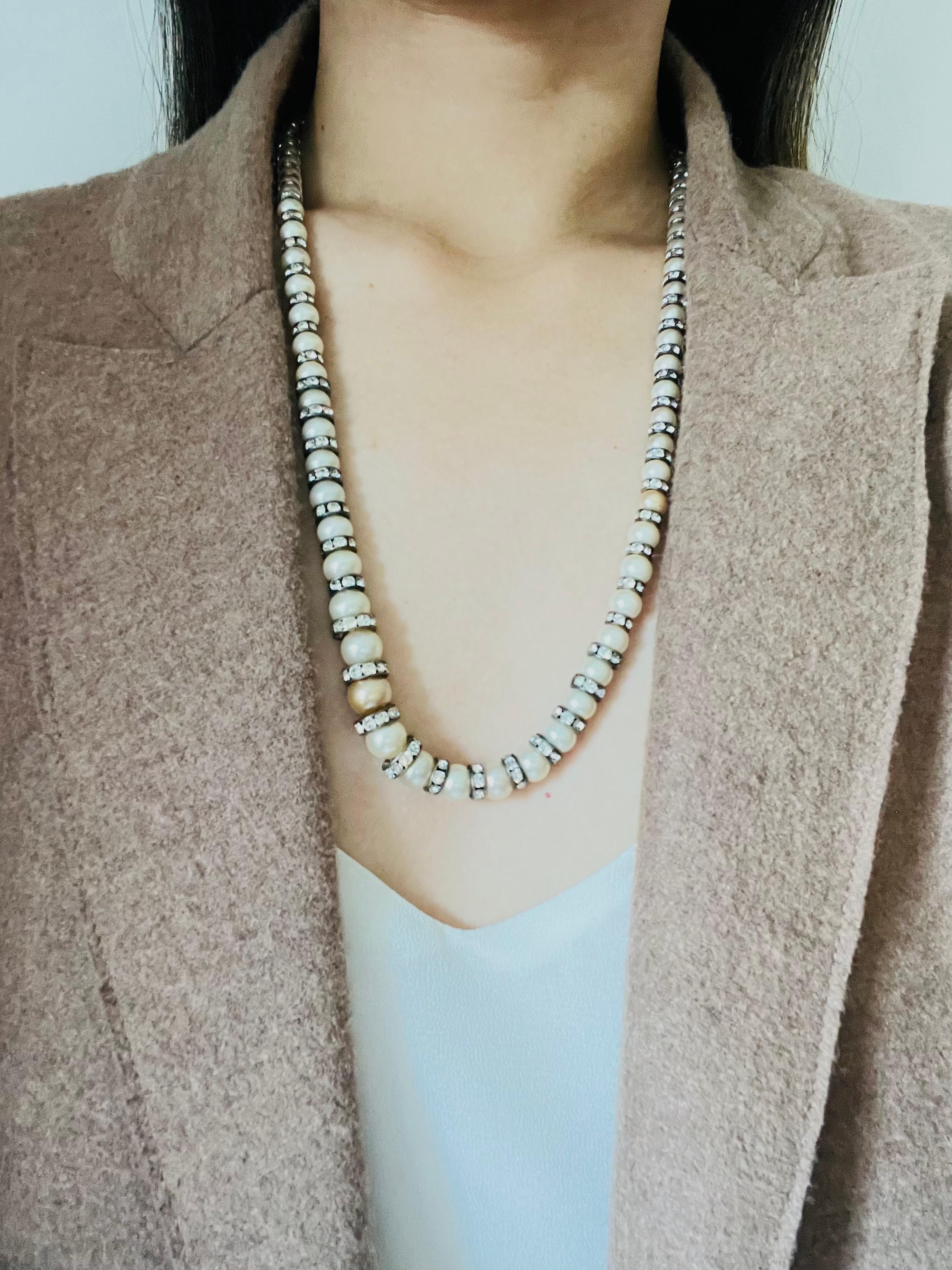 White Graduated Spherical Beads Pearls Shining Crystals Long Strands Necklace For Sale 3
