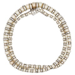White Graduated Spherical Beads Pearls Shining Crystals Long Strands Necklace