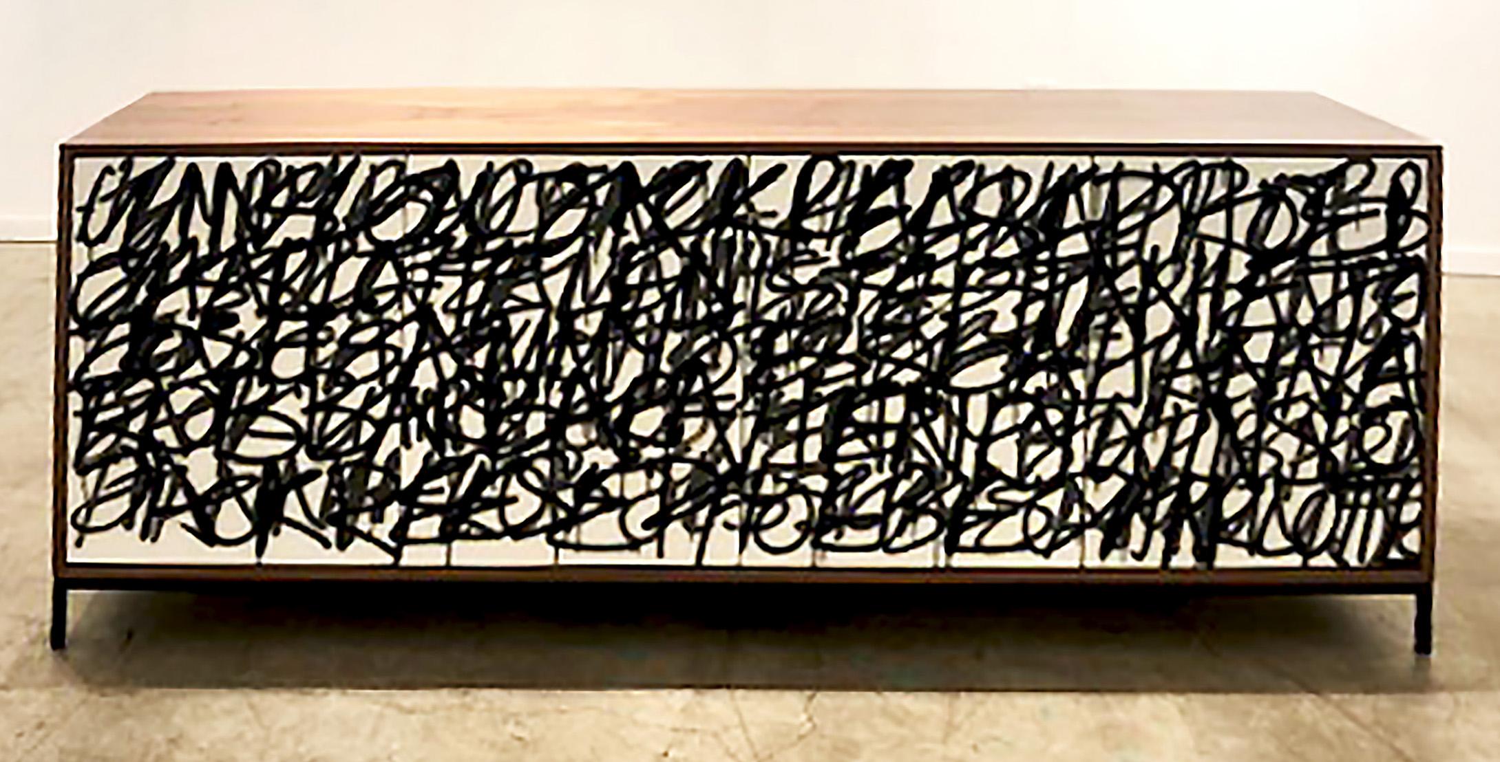 White Graffiti Credenza by Morgan Clayhall
Dimensions: D 45.72 x W 182.88 x H 81.28 cm
Materials: Solid Core Material, Oil Paint, Lacquer, Resin, Steel
Also Available: Can be customized in size, finish and color,

The White Graffiti Credenza is