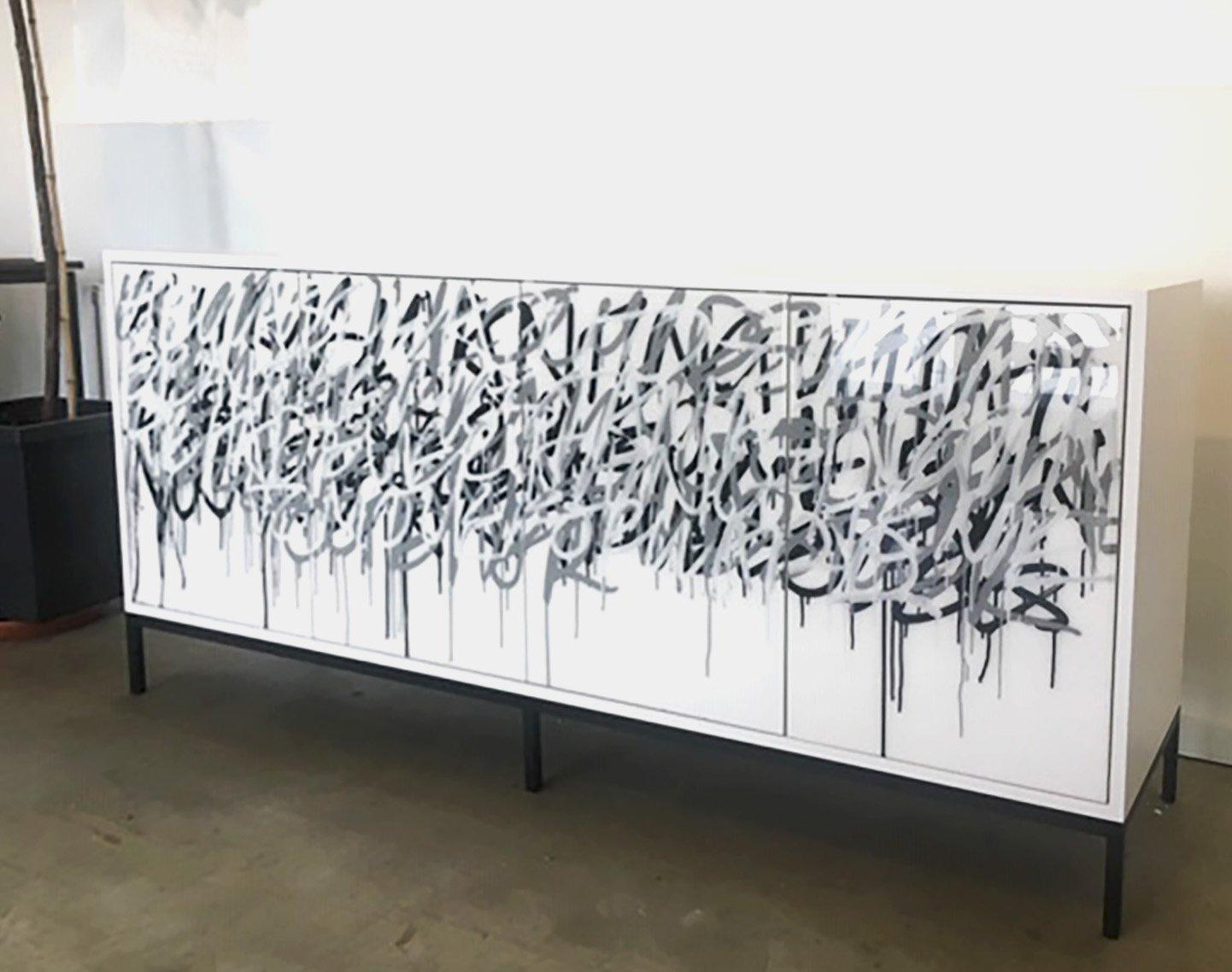 Hand-Painted White Graffiti Credenza by Morgan Clayhall