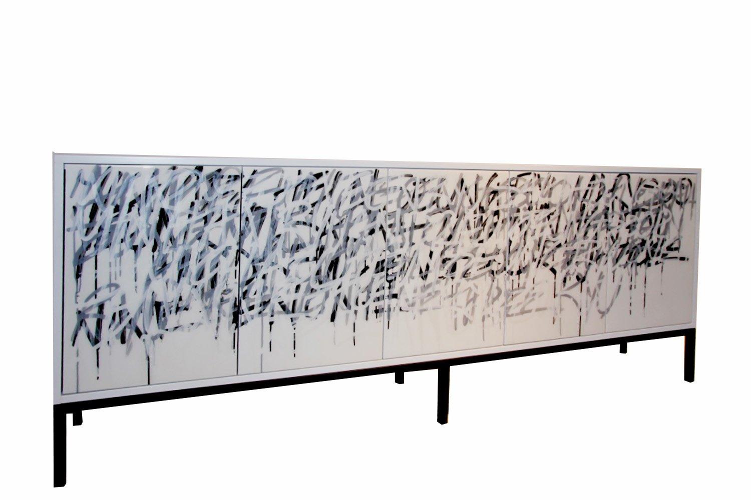 Hand-Painted White Graffiti Credenza by Morgan Clayhall