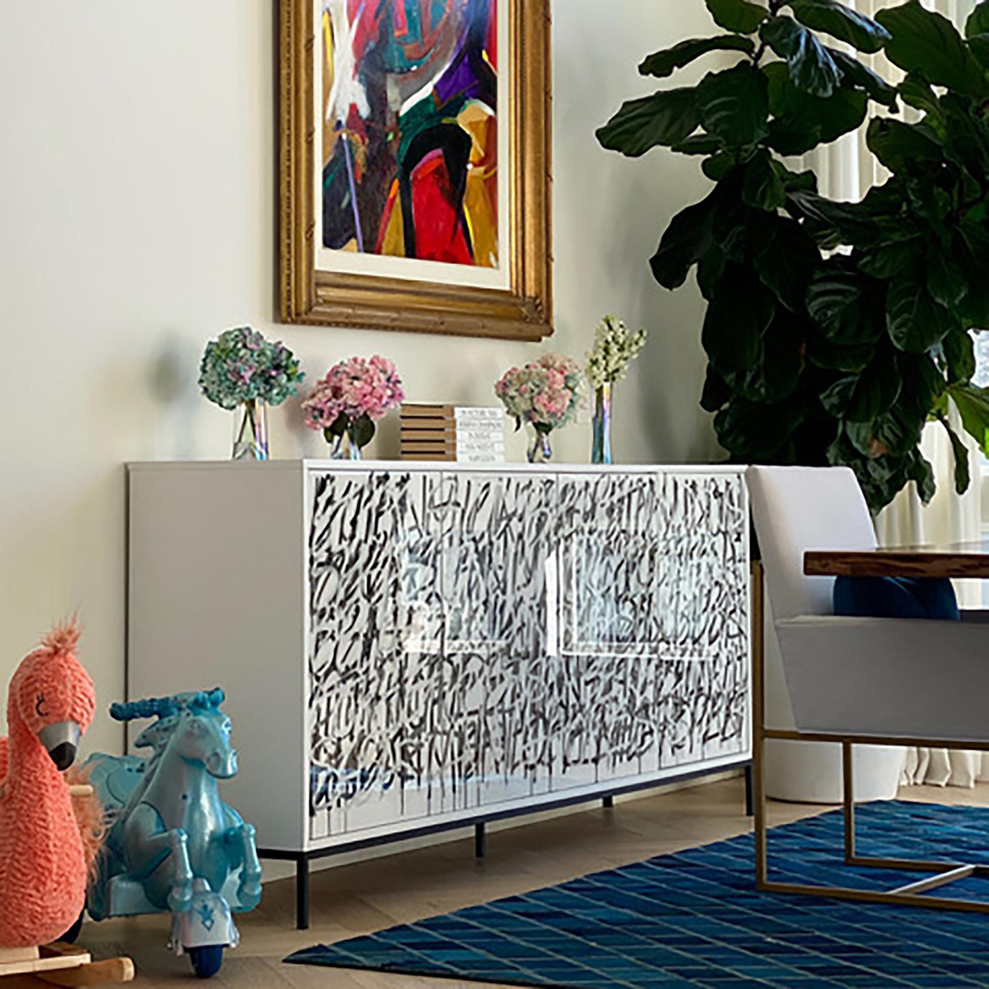 Contemporary White Graffiti Credenza by Morgan Clayhall, mix media artwork on doors For Sale